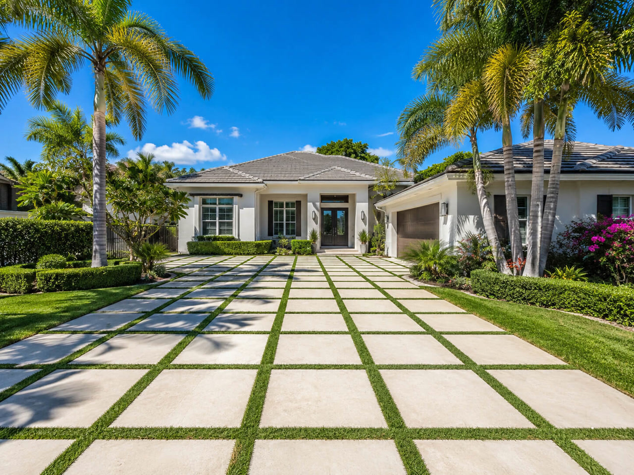 Paver driveway with large concrete pavers and grass joints leading to a modern white home framed by royal palms in Greenacres