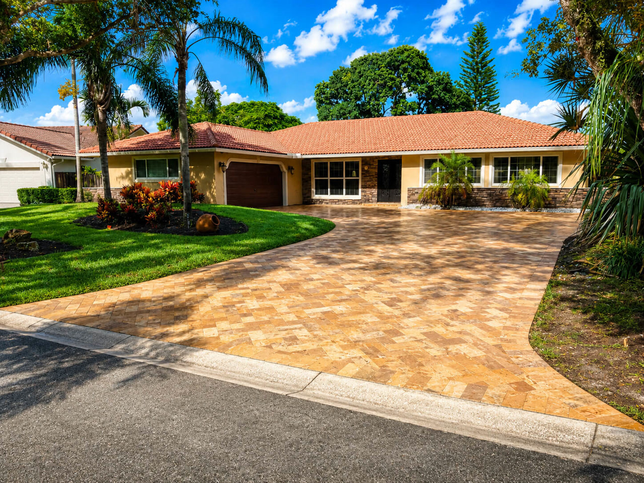 Wide travertine herringbone driveway curving up to a terracotta tile roof home on a Juno Beach property
