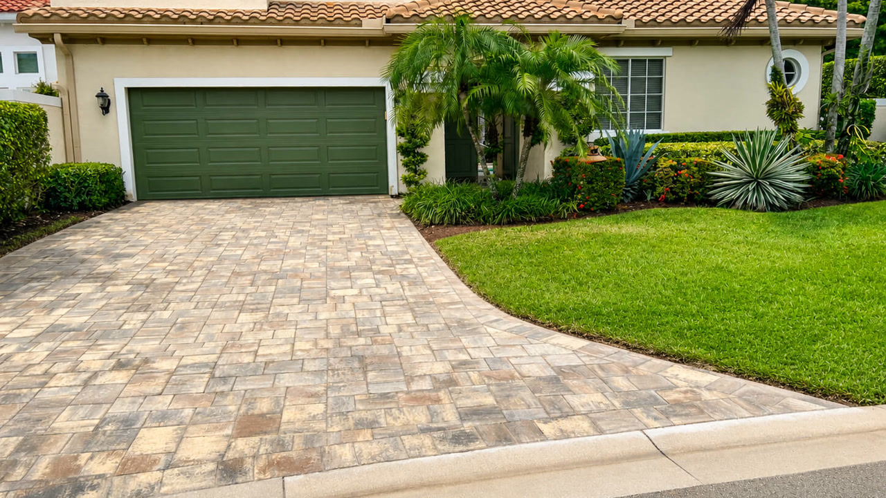 Renovated tan running bond paver driveway leading to a green garage door on a Jupiter Island property