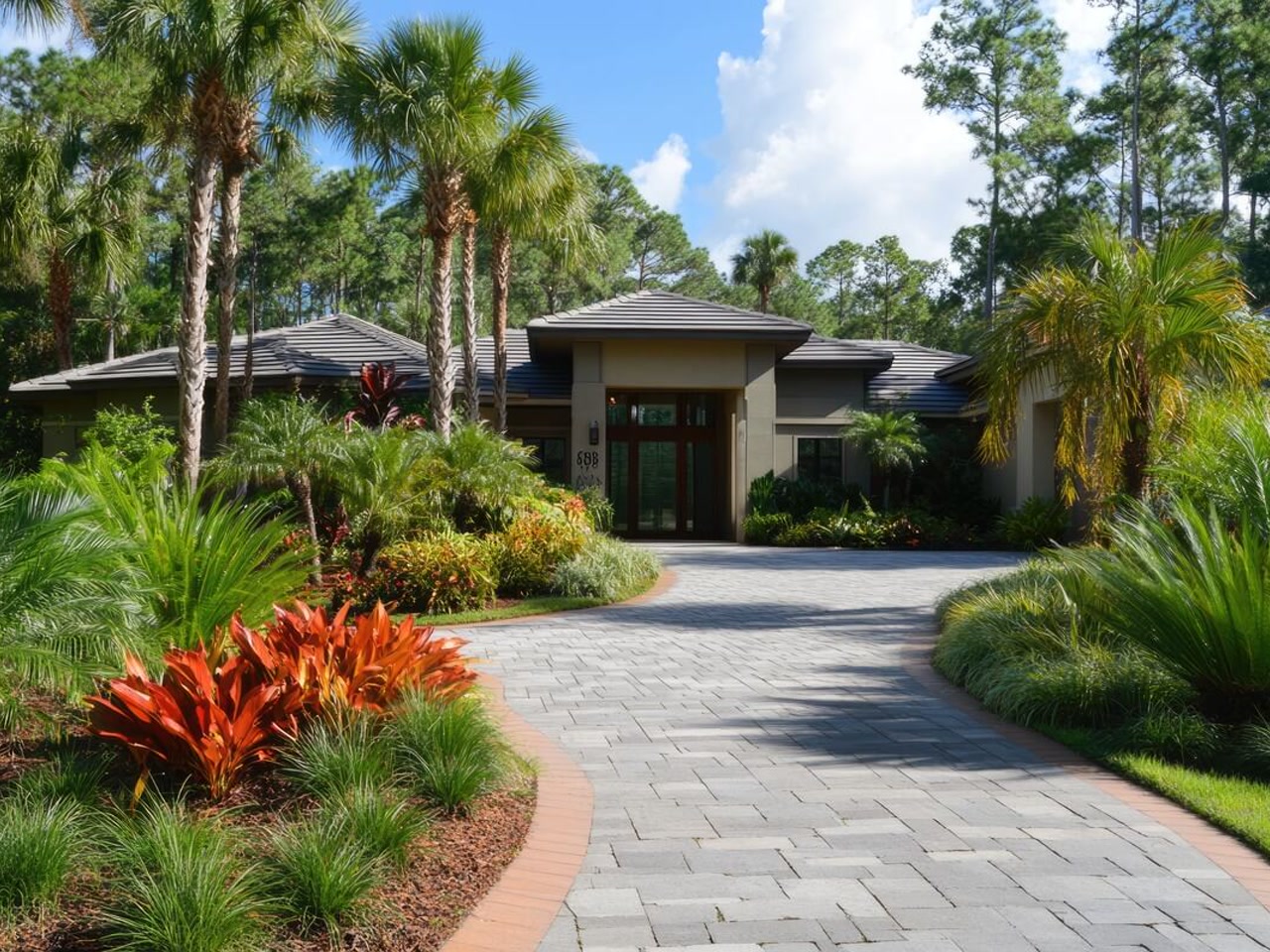 Paver driveway widening into a gray entry court with a brick border and tropical landscaping at a Pompano Beach residence