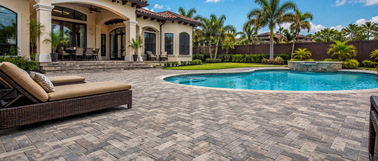 Deerfield Beach home with a herringbone paver patio and spa wrapping a freeform pool