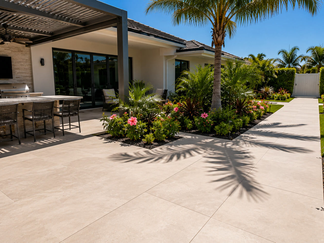 Paver patio at an outdoor kitchen and pergola in cream tones, with a walkway between planting beds on a Delray Beach property