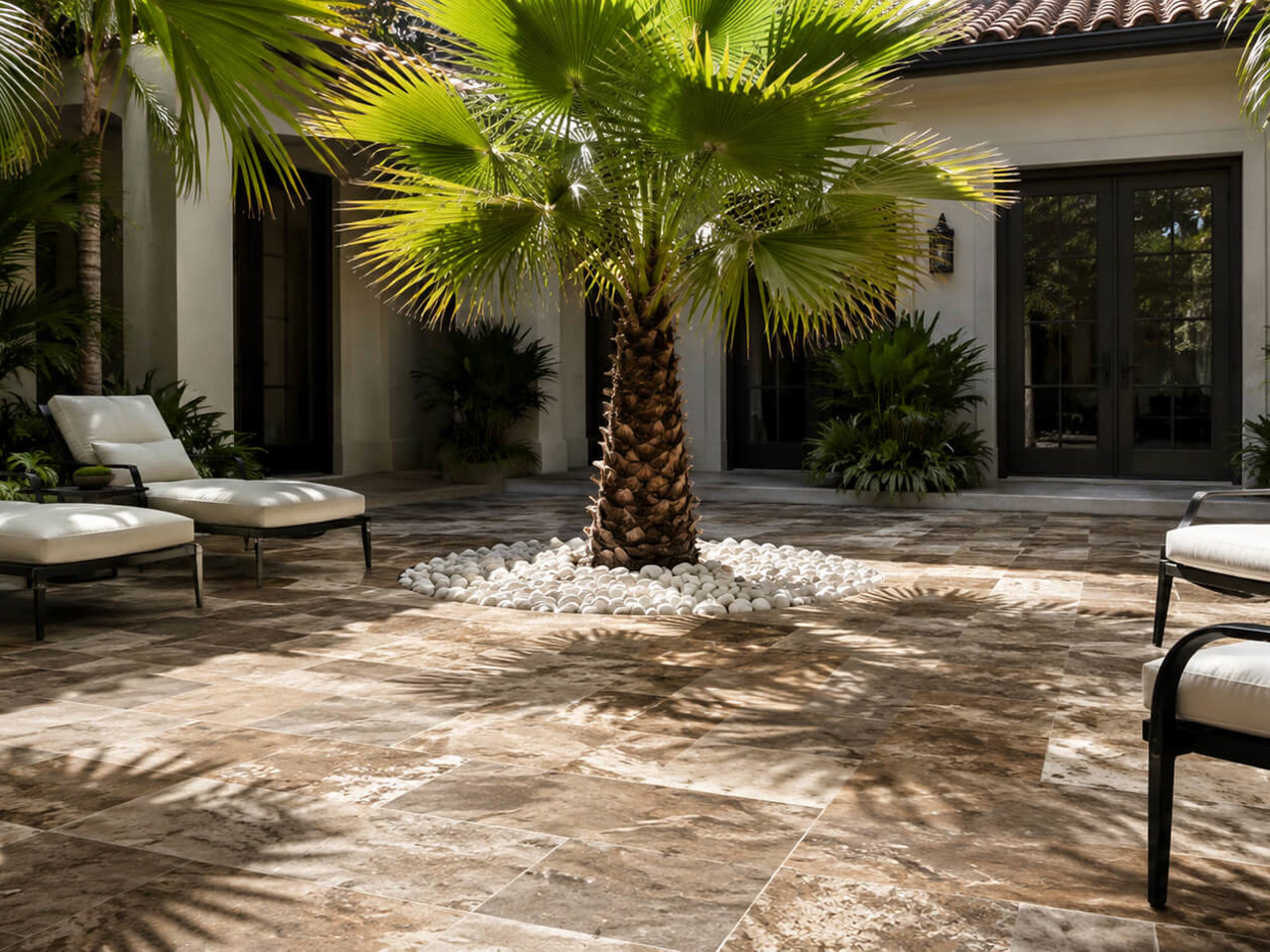 Finished travertine paver courtyard with a fan palm and lounge chairs in a Juno Beach backyard