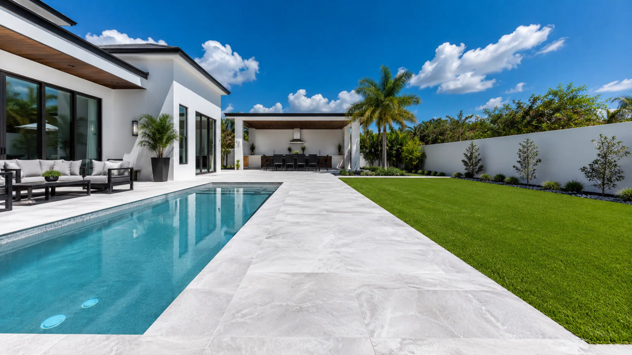 Light gray paver walkway running between a lap pool and the lawn in a renovated Parkland backyard