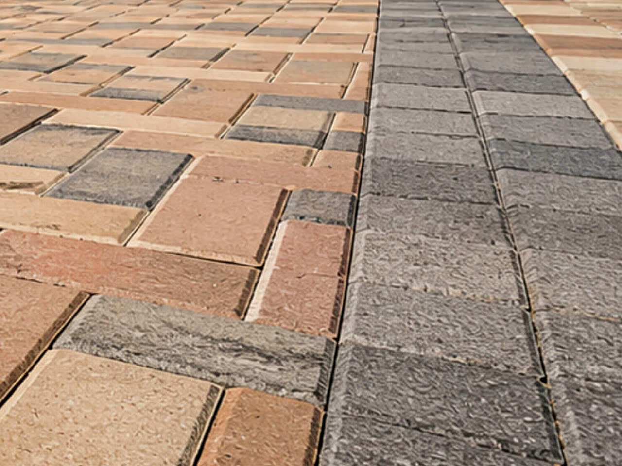 Ground-level view of a Pompano Beach patio in tan and rust paver tones with a charcoal gray border band