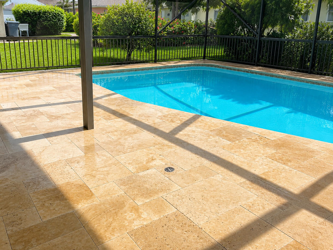 Golden travertine paver pool deck inside a screened lanai at a Greenacres residence, with a fenced backyard beyond the enclosure