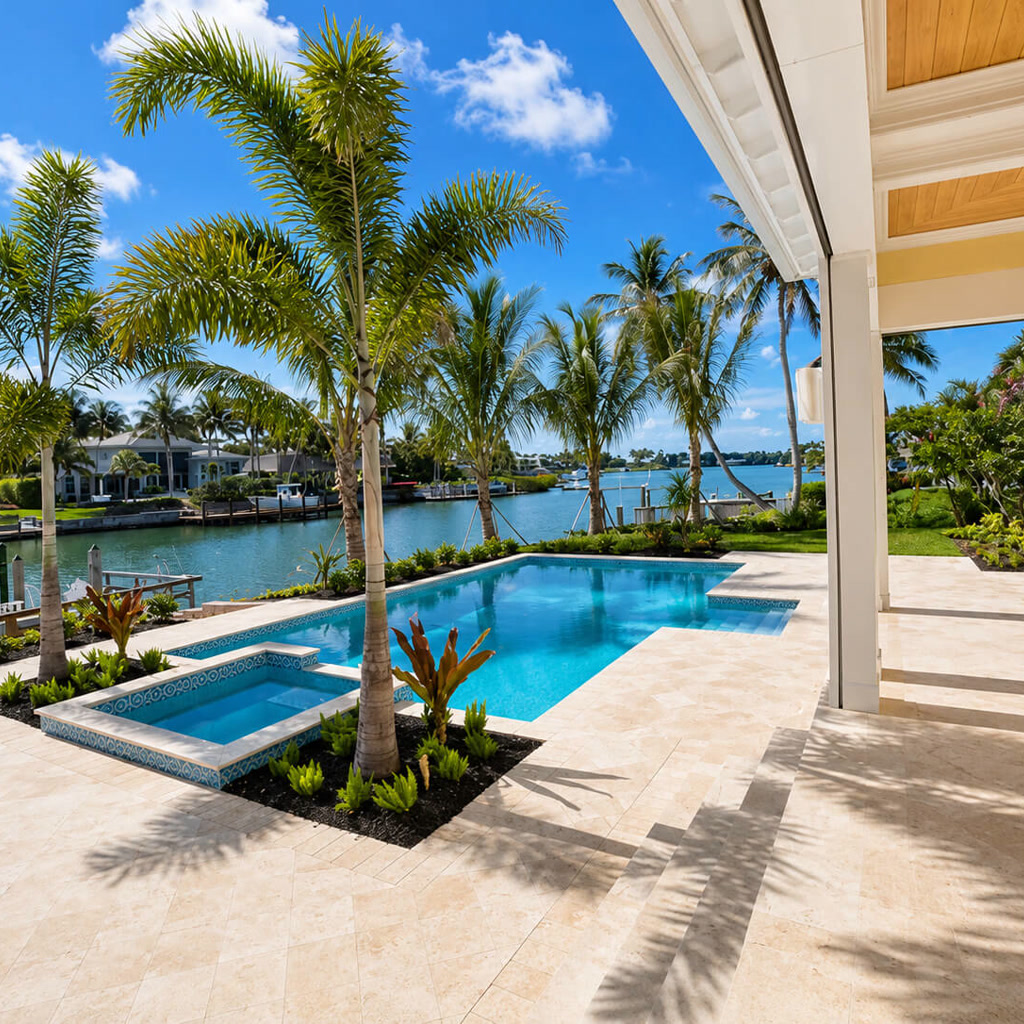 Ivory travertine paver deck connecting a covered lanai to a pool and spa on a Pompano Beach waterfront canal lot