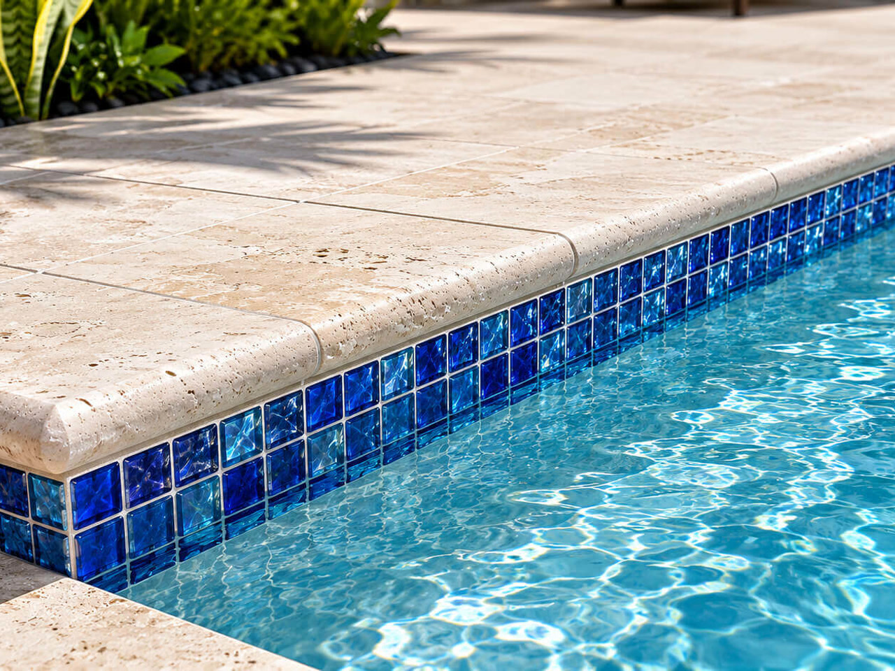 Bullnose travertine coping paired with a cobalt and turquoise glass tile band at this Boynton Beach pool