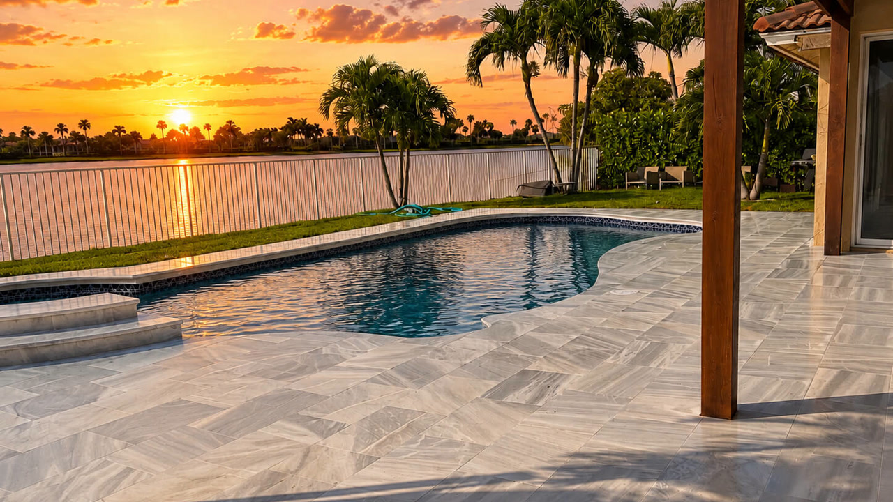 Renovated free-form pool at sunset with a herringbone marble deck overlooking a lake on a Deerfield Beach pool deck
