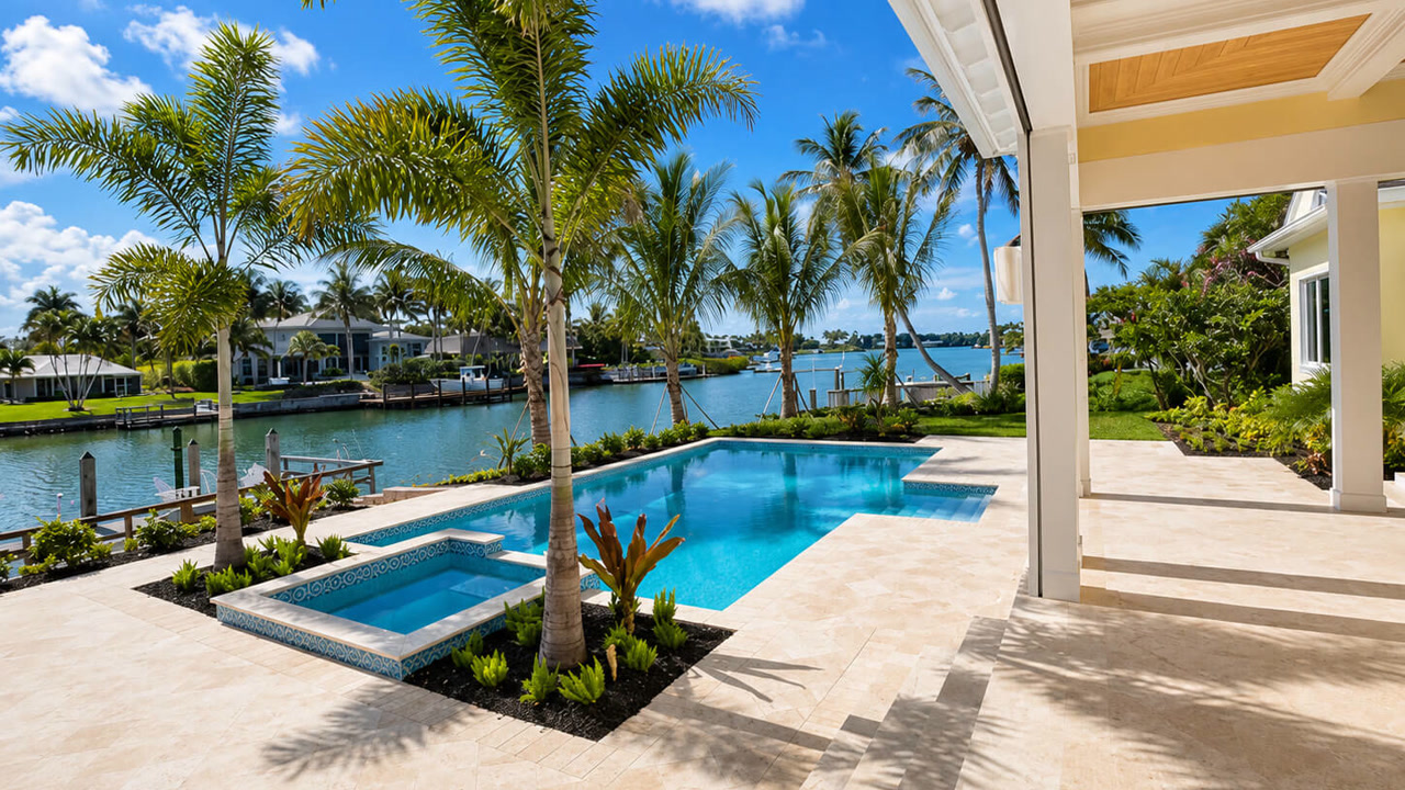 Pool renovation with a blue tile-lined pool and spa, travertine deck and palm-lined waterfront view in Juno Beach