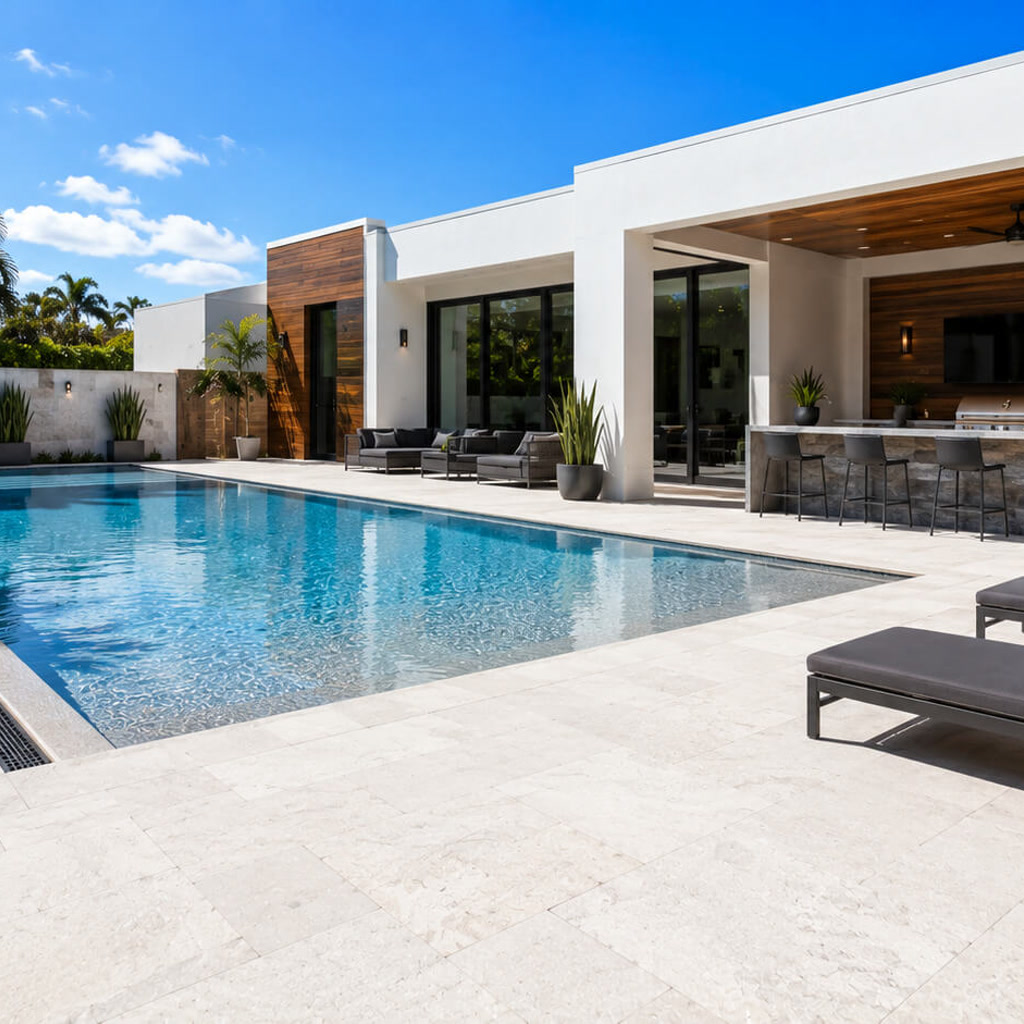 Renovated lap pool alongside a covered outdoor kitchen and lounge on a pale stone deck at a Juno Beach poolside retreat