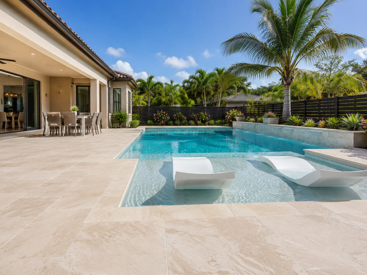 Renovated pool with a shallow sun shelf holding two in-water lounge chairs beside a Juno Beach patio