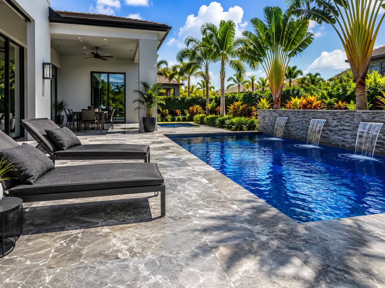 Renovated cobalt-blue pool with three sheer descent waterfalls over a stacked stone wall on a Juno Beach pool deck