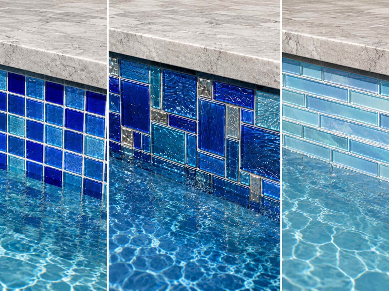 Waterline tile options for a Pompano Beach pool renovation, from cobalt mosaic squares to a light aqua subway pattern