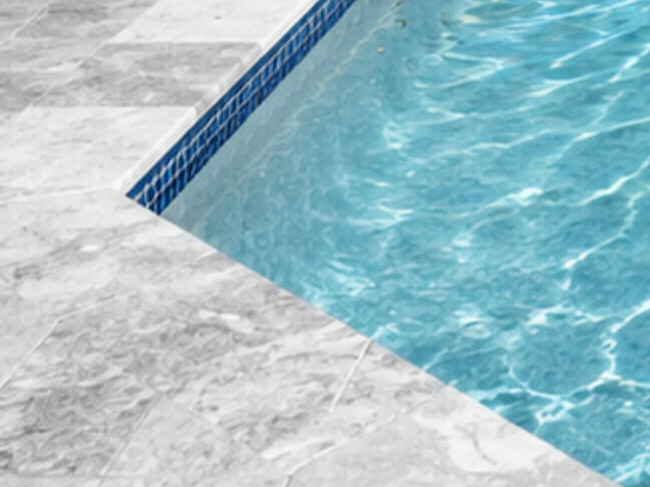 Squared gray marble coping profile meeting the pool corner over a cobalt mosaic waterline band, on a Wellington property