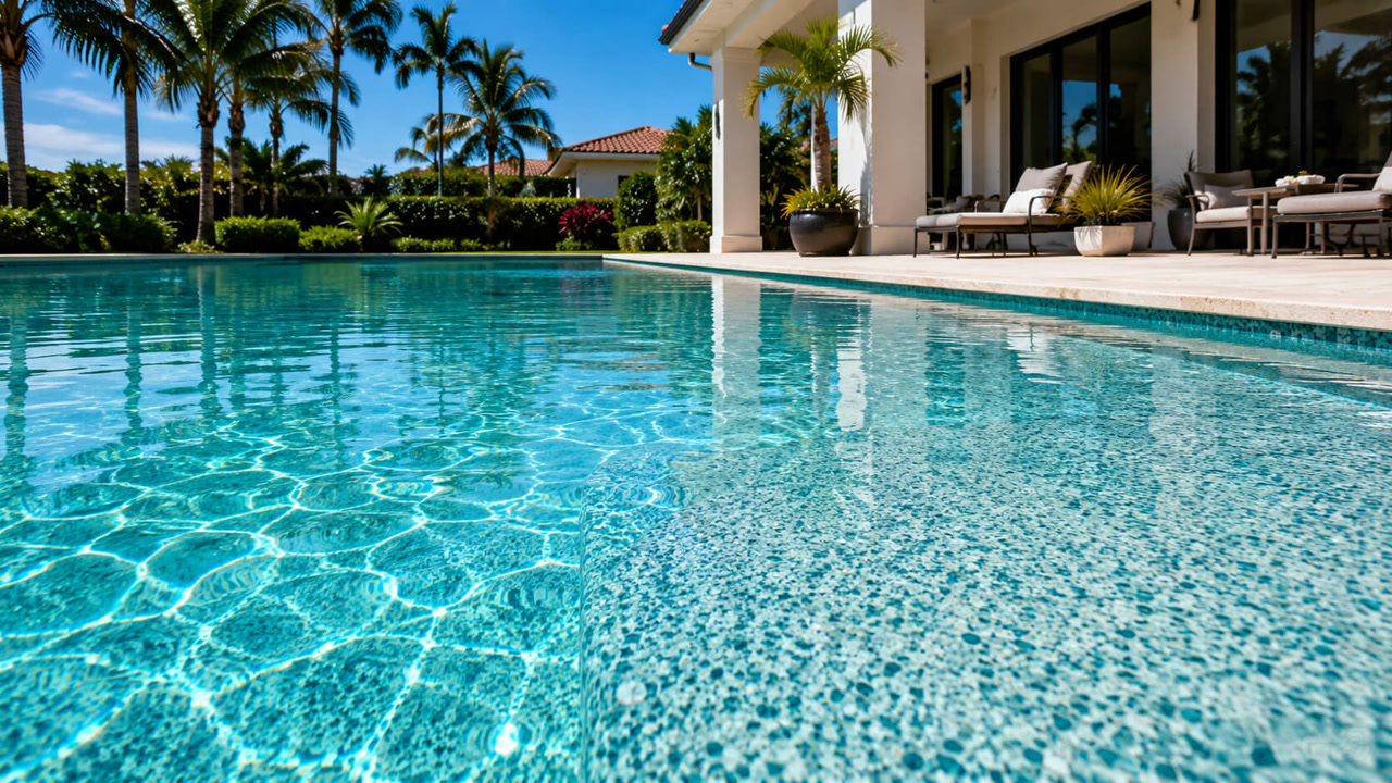 Resurfaced pool with a blue green pebble finish visible under clear water, beside the covered patio of a Delray Beach home