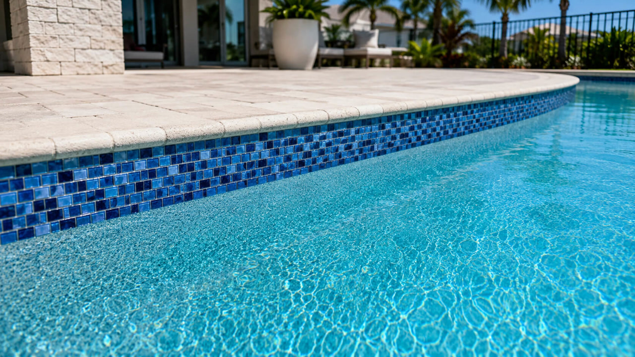 Renovated pool edge with new blue glass mosaic waterline tile under a bullnose travertine coping for a Loxahatchee homeowner