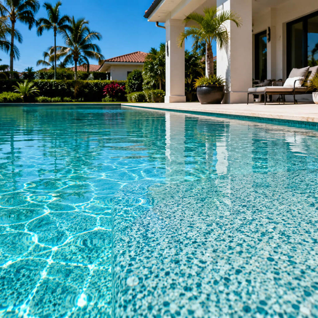 Resurfaced pool whose pebble finish coordinates with the travertine deck and covered patio seating in a Parkland neighborhood