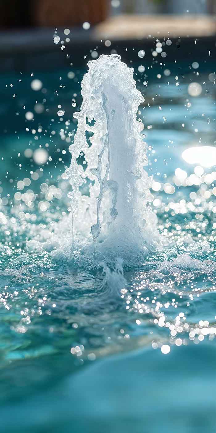 Close-up of a pool bubbler water feature spraying in a modern Gulfstream pool