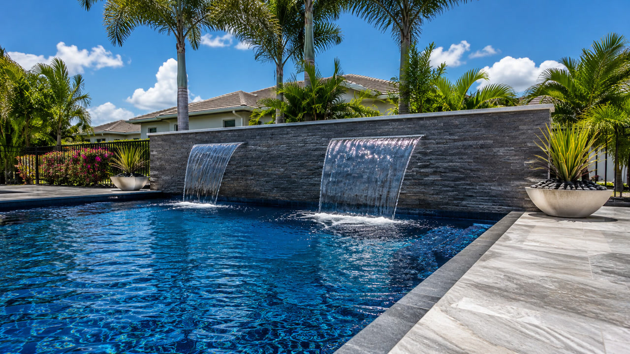 Sheer descent waterfalls pouring from a gray stacked stone wall into a deep blue Gulfstream pool