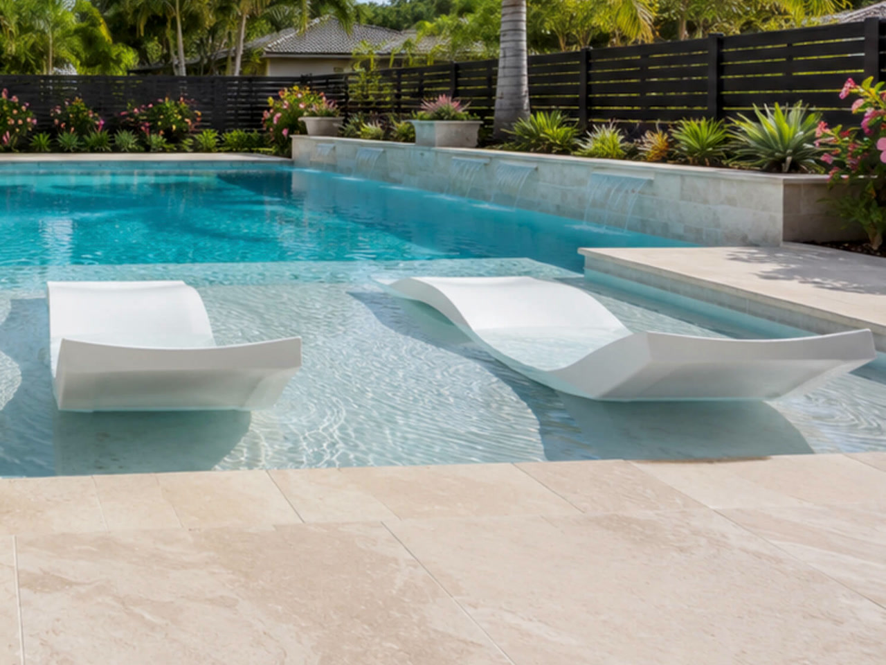Gulfstream tanning ledge with two white in water loungers, sheer descents spilling from a stone wall behind