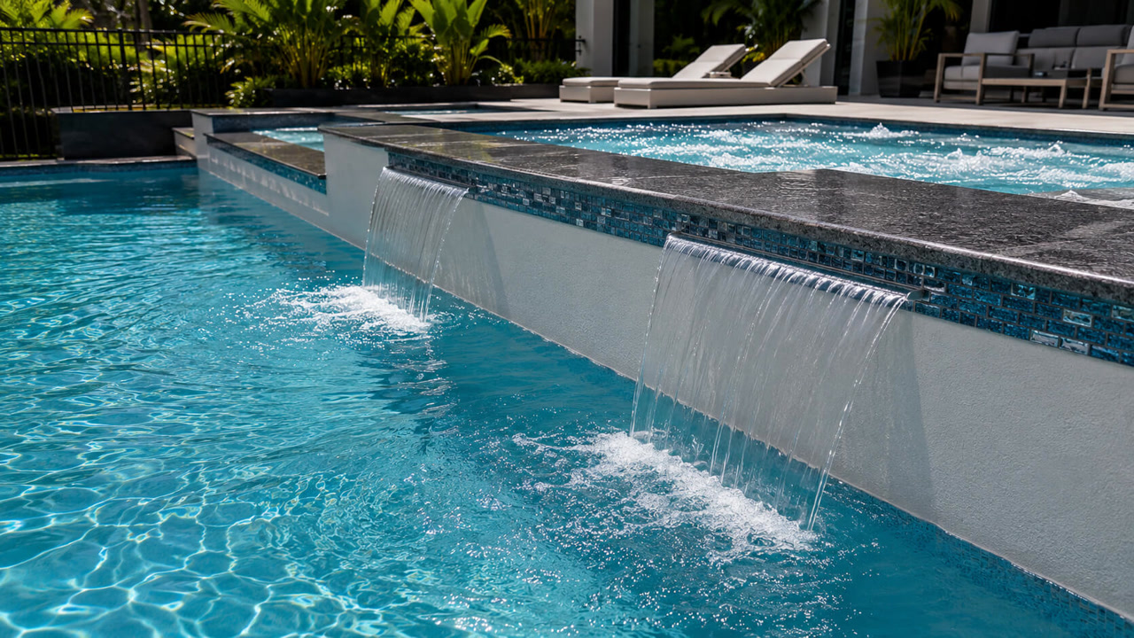Renovated Juno Beach pool with sheer descents pouring from a raised spa wall trimmed in blue glass mosaic tile