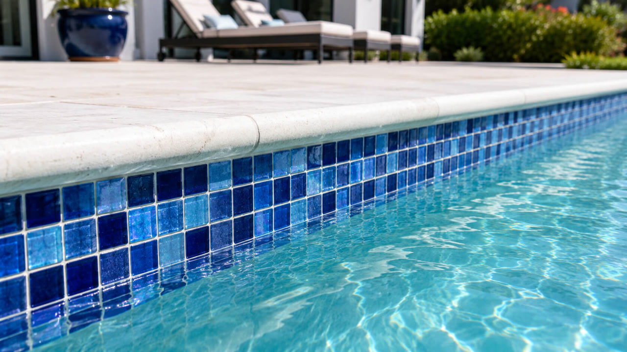 Close-up of a pool edge in Coconut Creek with blue glass mosaic waterline tile under a bullnose travertine coping, loungers on the deck beyond