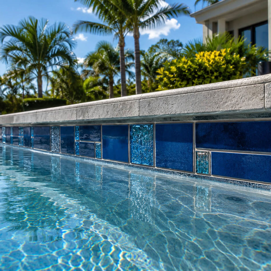 Pool edge combining gray stone coping with cobalt and turquoise glass tile, matched to the landscape in a Delray Beach backyard