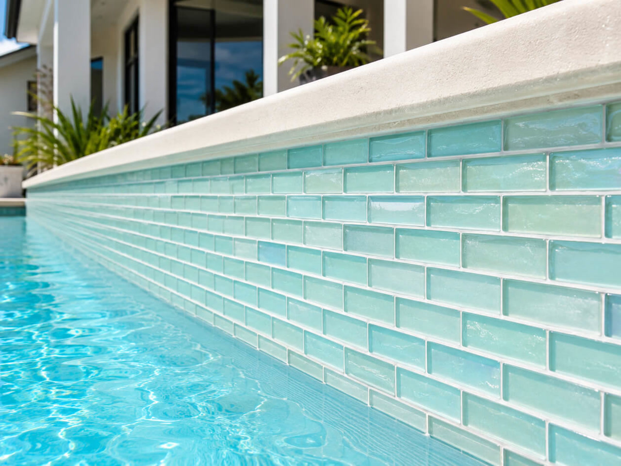 Turquoise glass subway waterline tile running the length of a pool under a cream coping on Jupiter Island