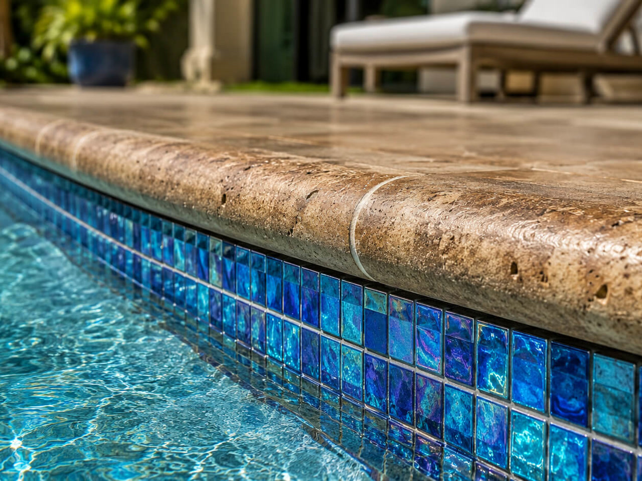 Close up of iridescent blue glass waterline tile beneath a tumbled travertine bullnose coping at a West Lake property