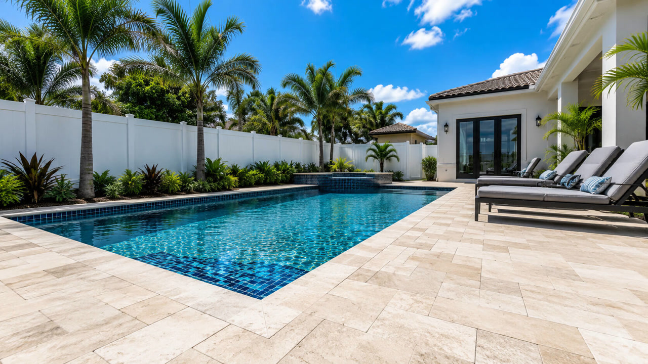 Pool with a fully renovated edge, deep blue waterline tile and travertine coping wrapping the spa at a West Lake residence