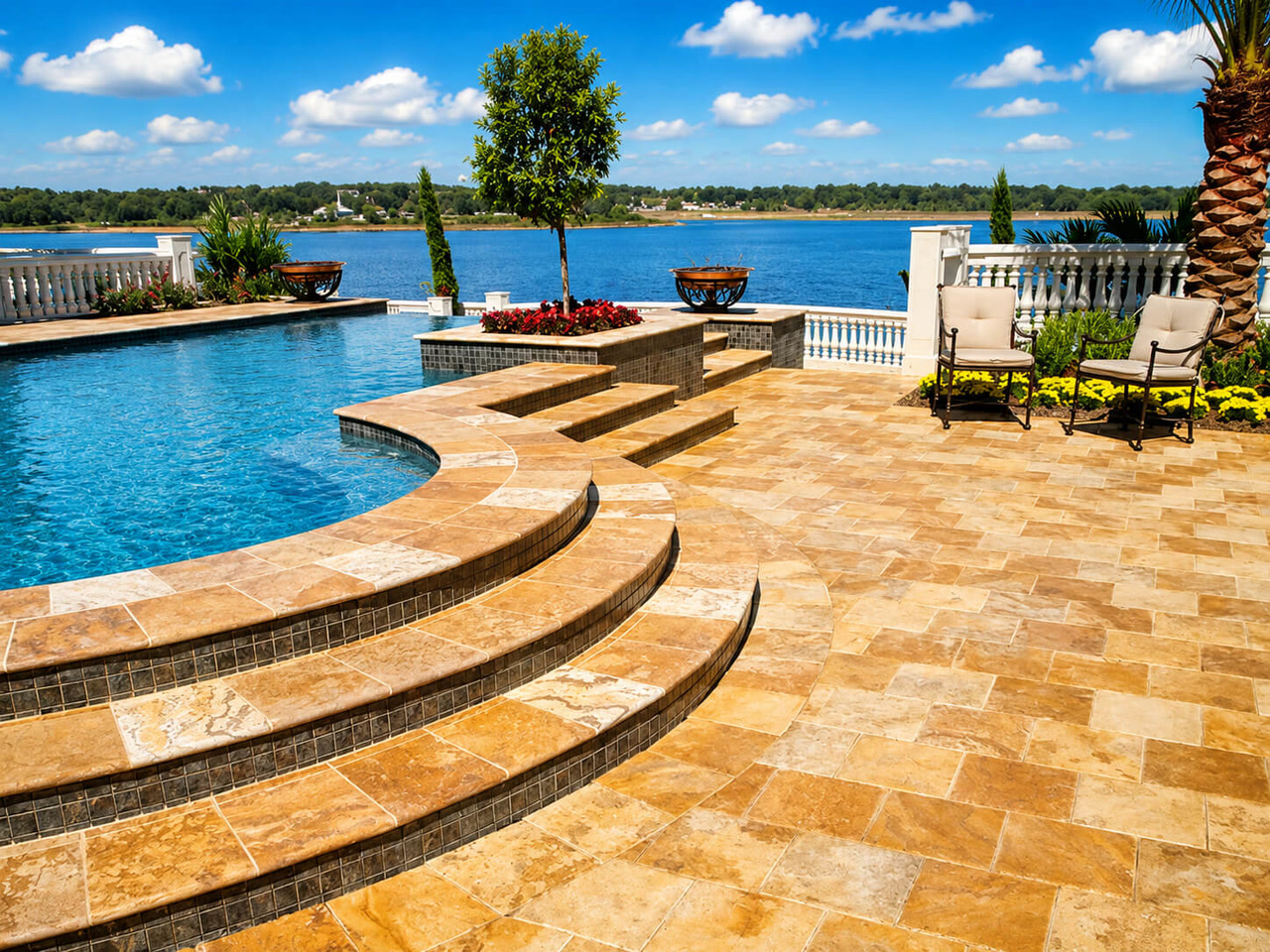 Gold travertine paver patio with curved steps leading down to a pool on a lakefront property