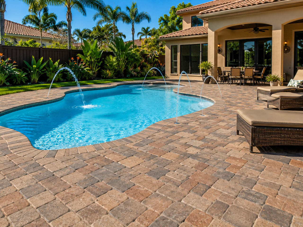 Renovated free-form pool with arcing deck jets and a tumbled paver pool deck