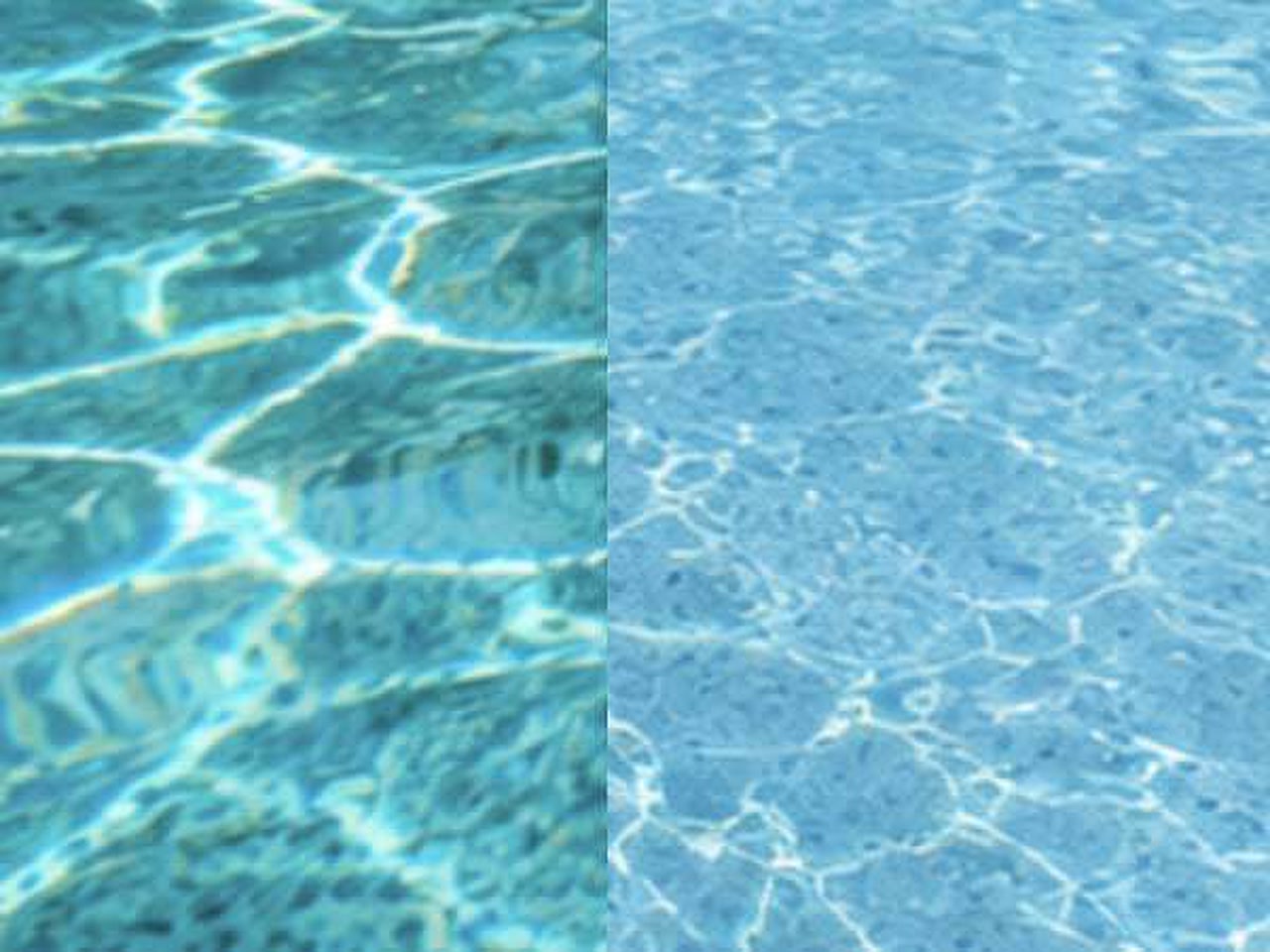 Side by side comparison of pool water over a dark teal finish and over a light blue finish