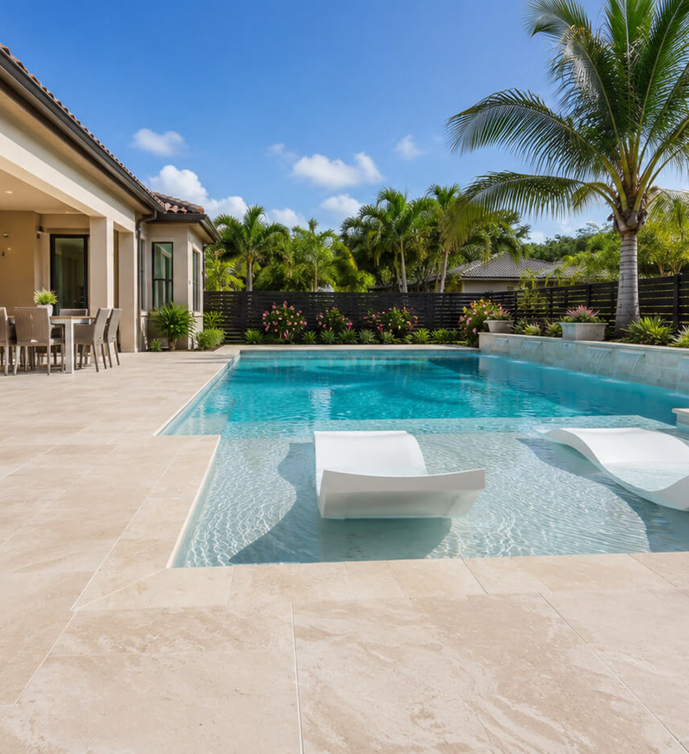 Sun shelf with two white in water loungers beside a travertine deck and covered lanai